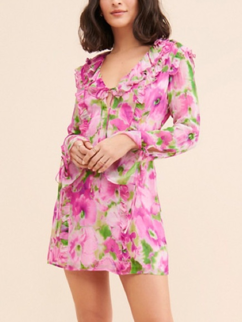 Rays for Days Cameron Pink Floral Mini Dress Ruffle Sheer Romantic
 38219